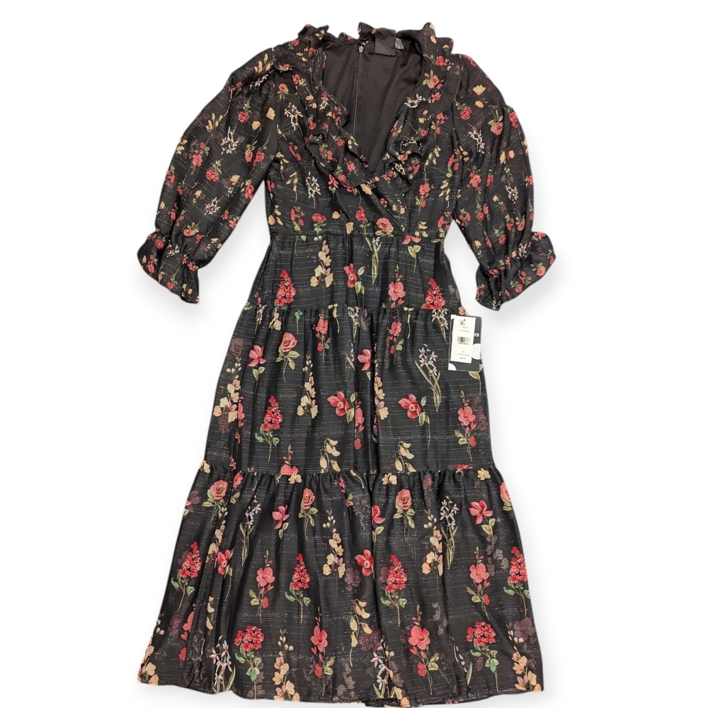 NWT Maison Tara Floral Chiffon Midi Dress Women's Size 6 Autumn Dress Formal